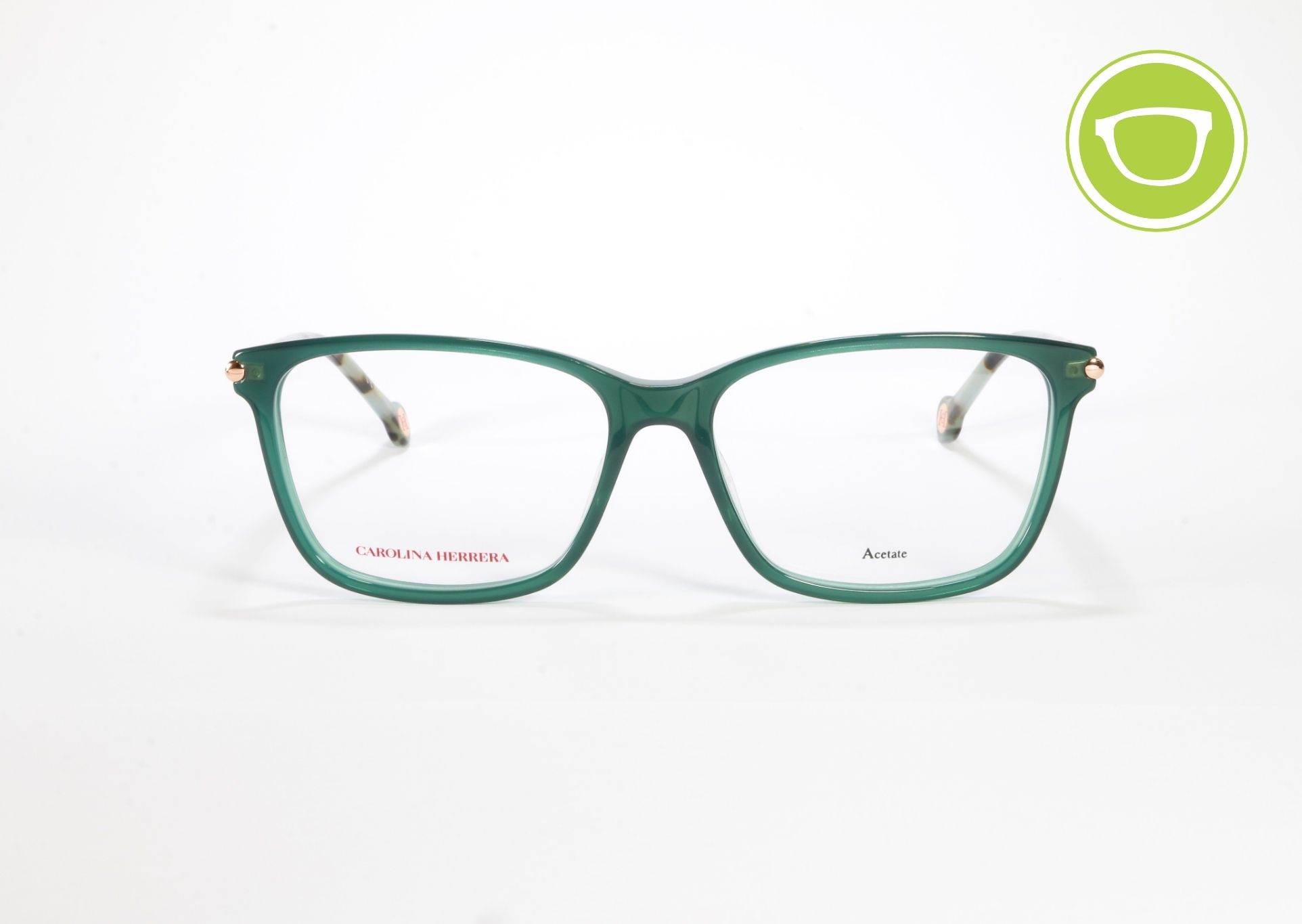 Armazón óptico Carolina Herrera HER0199-G para mujer en color verde, fabricado en acetato, con diseño rectangular elegante y varillas con detalles sofisticados.